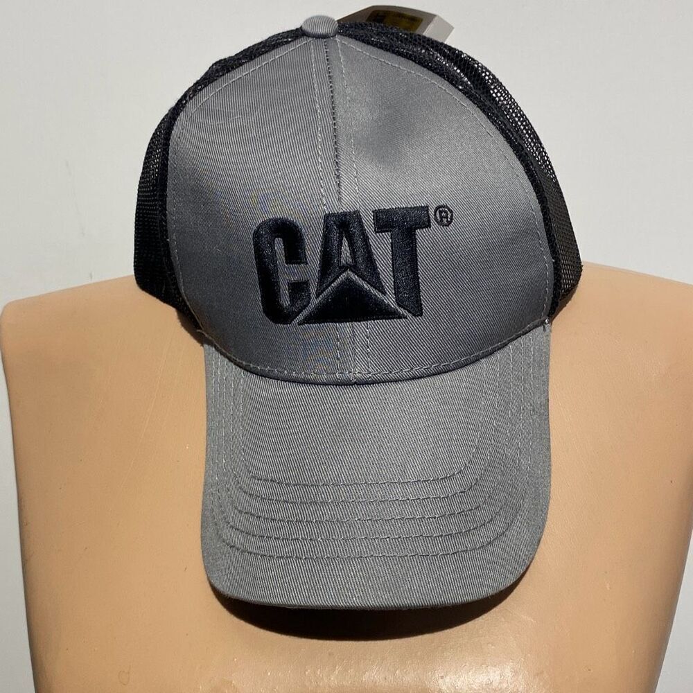 CAT Men's Gray and Black 6 Panel Embroidered Snapback Trucker Hat Adjustable NWT